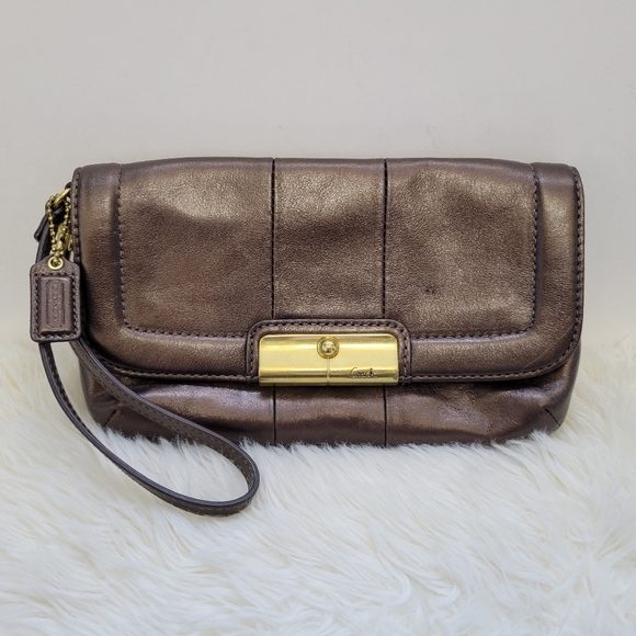 Coach Handbags - Coach Kristen Leather Flap Wristlet/Mini Bag Metallic Brown Gold Hardware